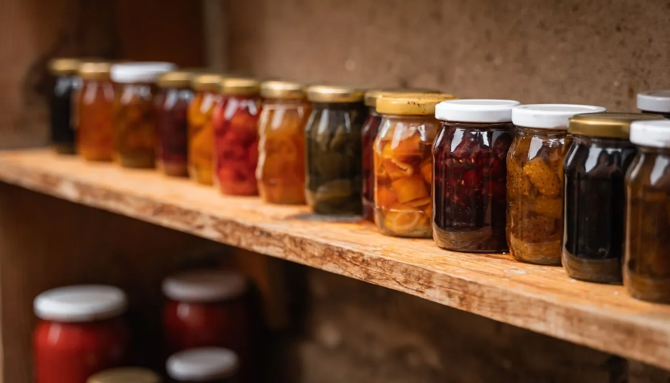 A wooden pantry shelf lined with home-canned jars of preserves, pickles and fruit in warm light, more jars on the shelf below