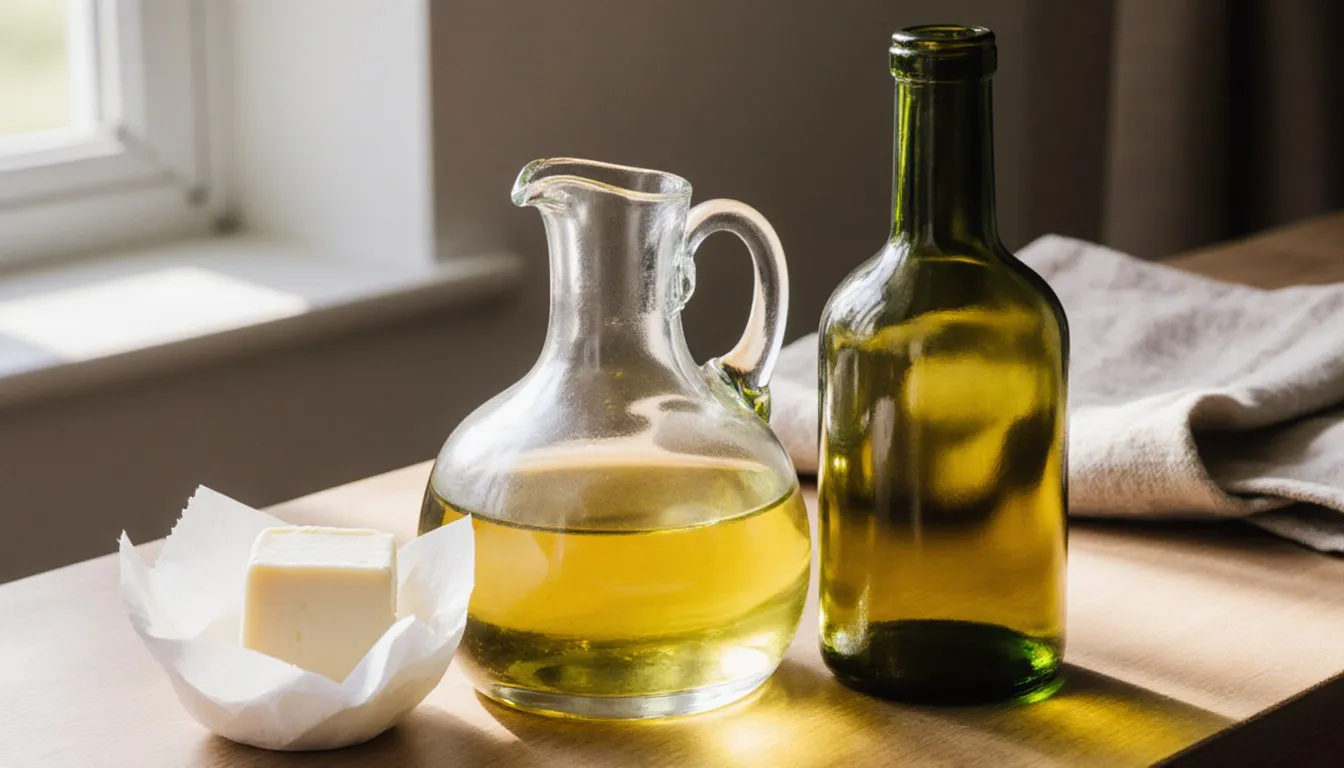 A bottle of cooking oil, a stick of butter, and olive oil arranged together on a kitchen counter
