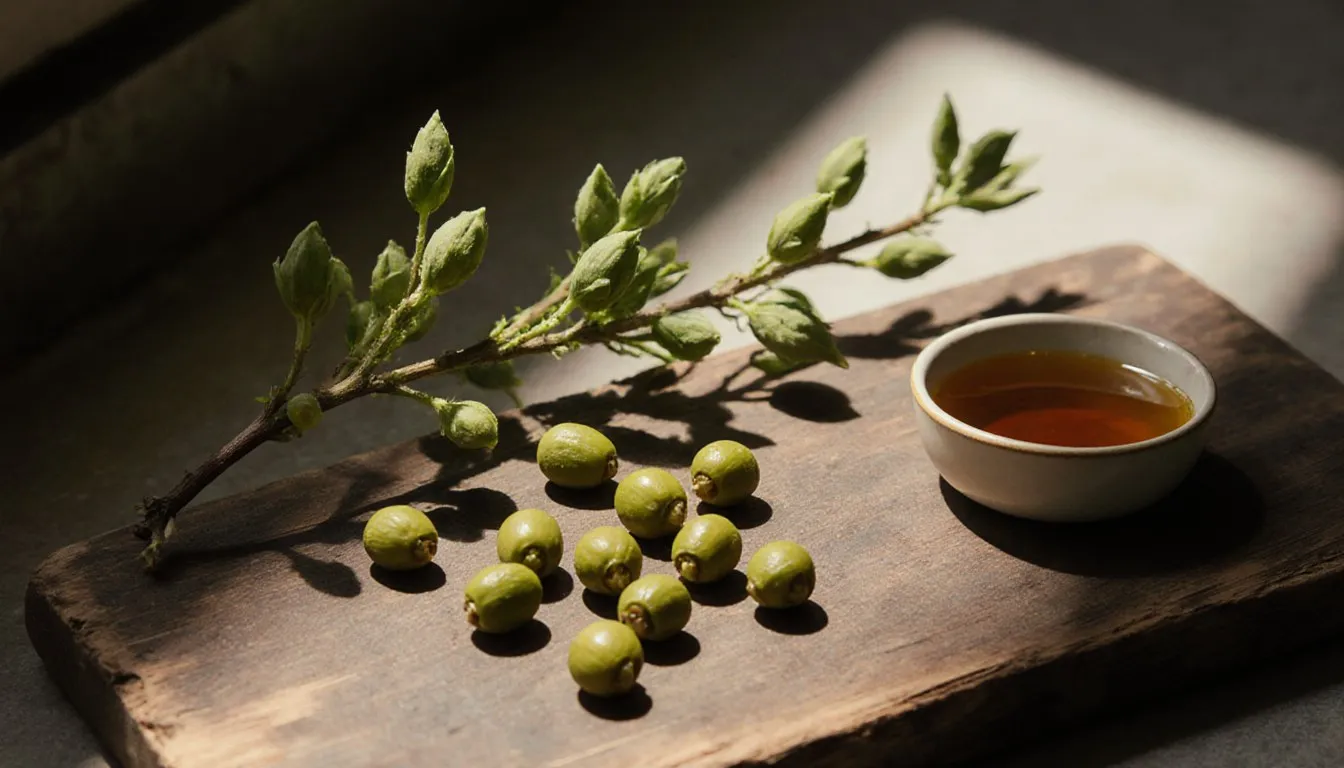 Fresh caper buds and berries on a wooden board beside a small dish of pickled capers