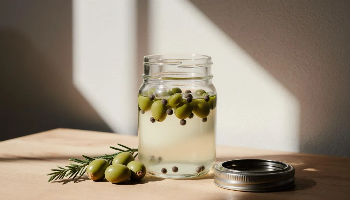 A jar of homemade brined green peppercorns beside green olives and fresh thyme, popular substitutes for capers