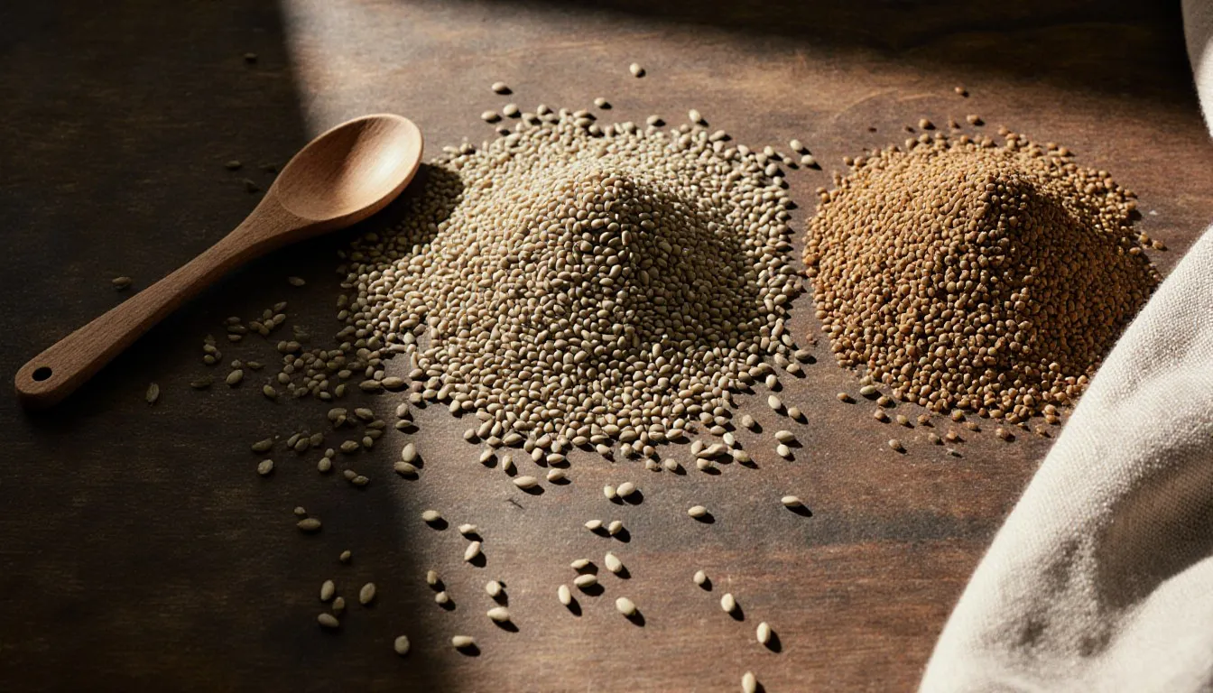Caraway seeds beside cumin and fennel seeds on a wooden countertop, common substitute spices