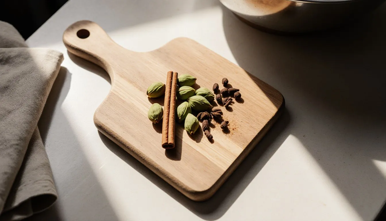 Whole cardamom pods next to cinnamon and cloves, common substitutes, on a wooden kitchen board