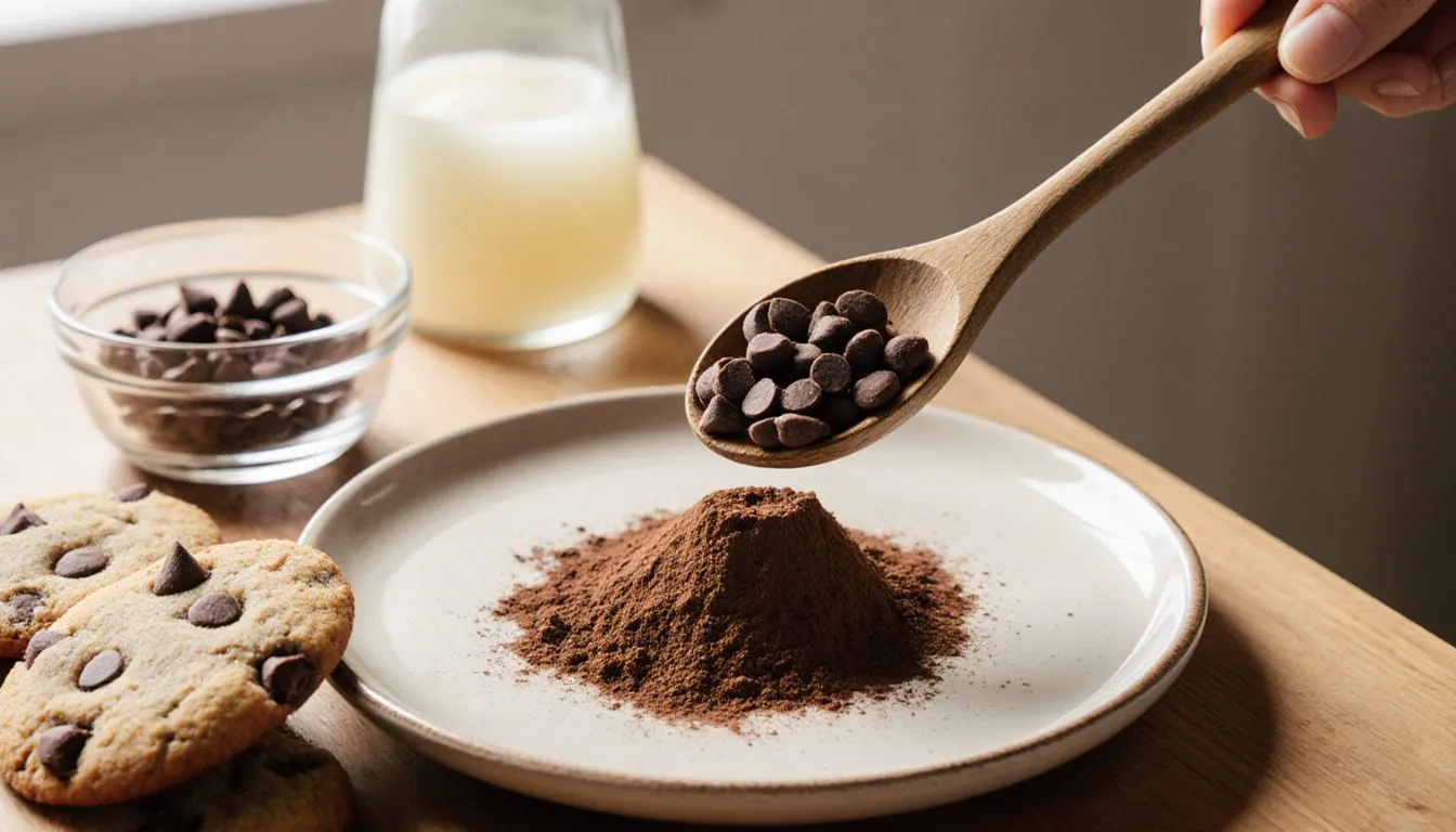 Carob chips spilling from a spoon next to carob powder, coconut oil, and freshly baked carob chip cookies
