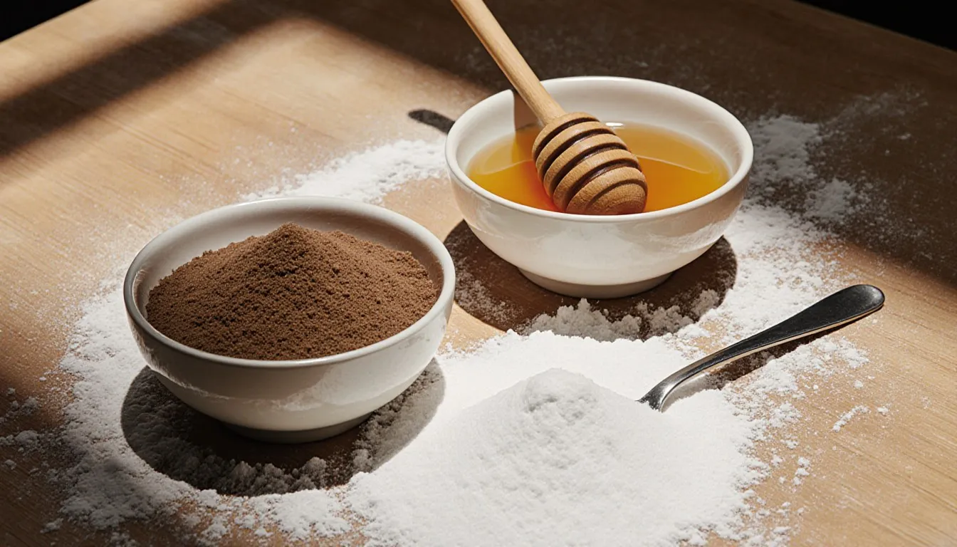 Bowls of brown sugar, honey, and powdered sugar arranged as caster sugar substitutes on a baking surface