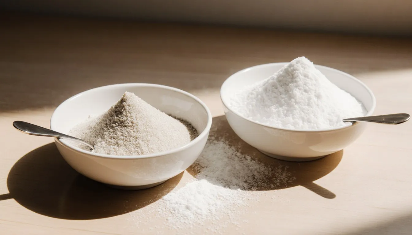 Bowls of fine caster sugar and soft powdered sugar side by side, showing their different textures