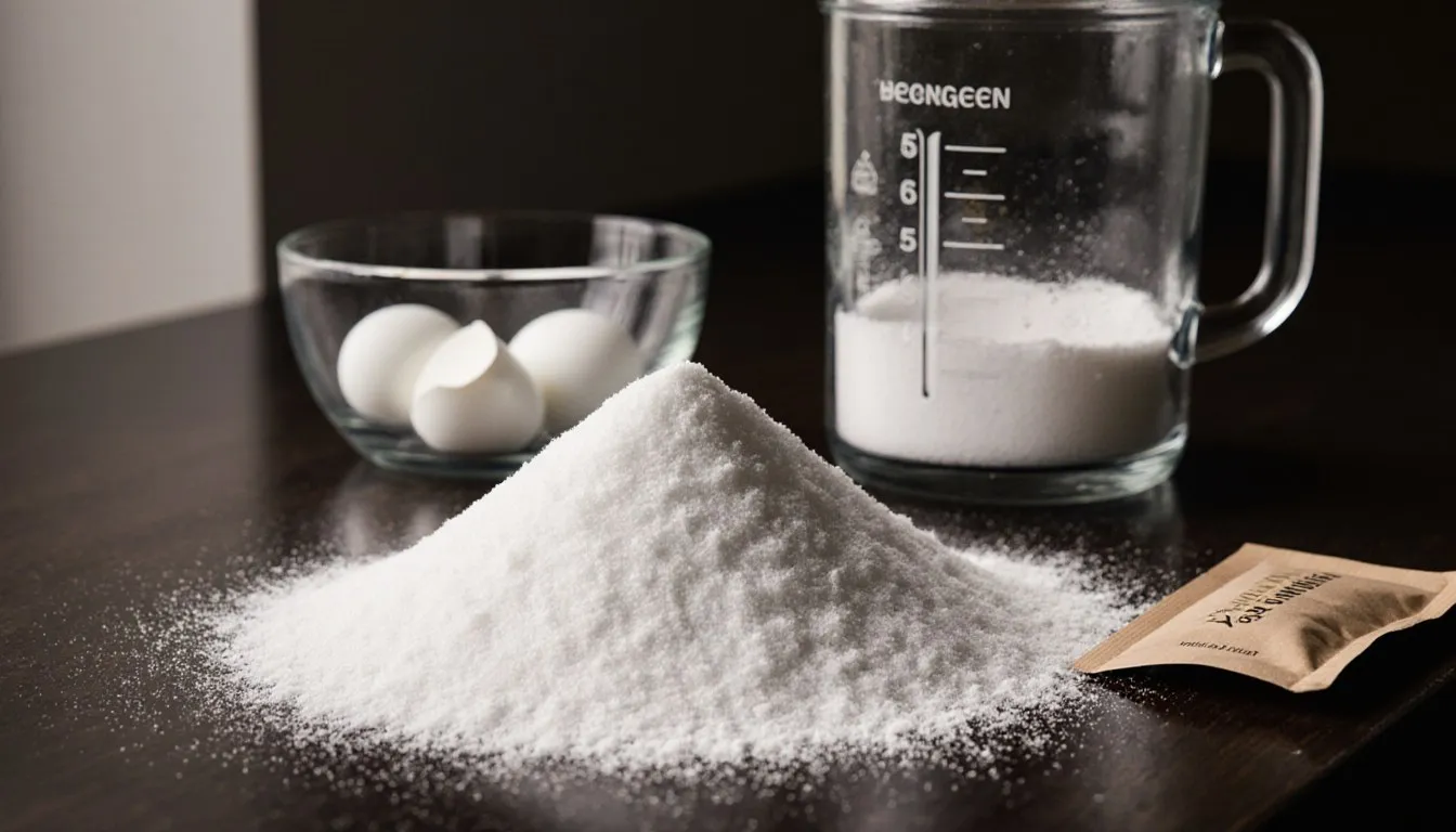 A mound of fine caster sugar beside a blender jar and cracked egg whites, ready for baking