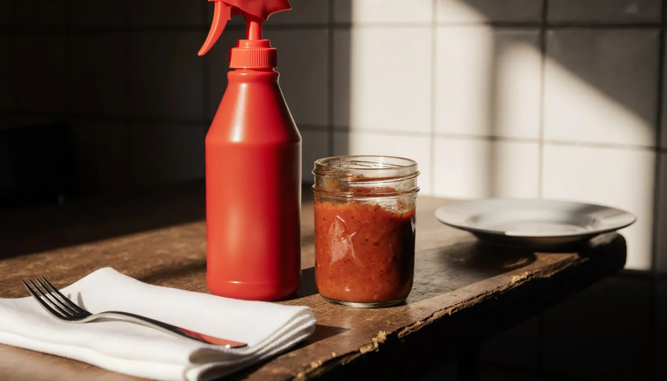 A squeeze bottle and glass jar of thick red tomato condiment on a diner counter in soft morning light