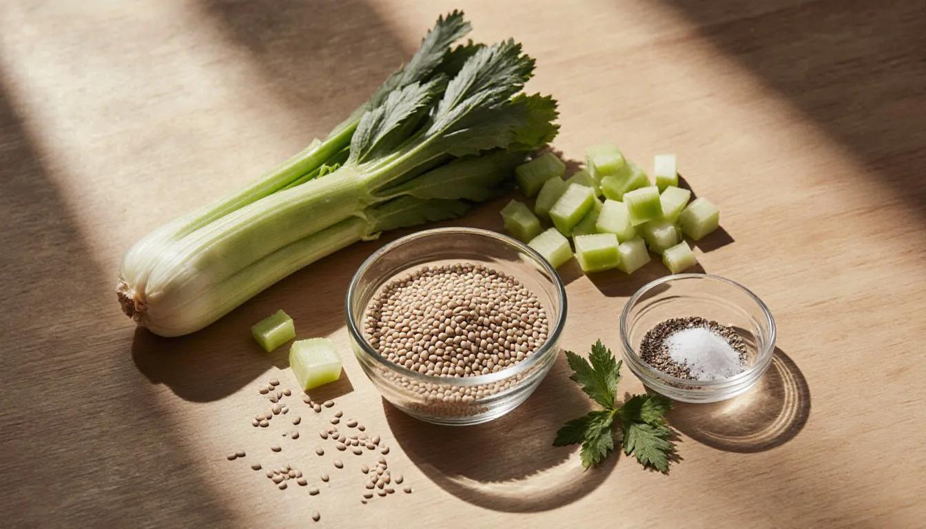 Celery seeds, chopped celery, and salt arranged on a wooden counter as a celery salt substitute