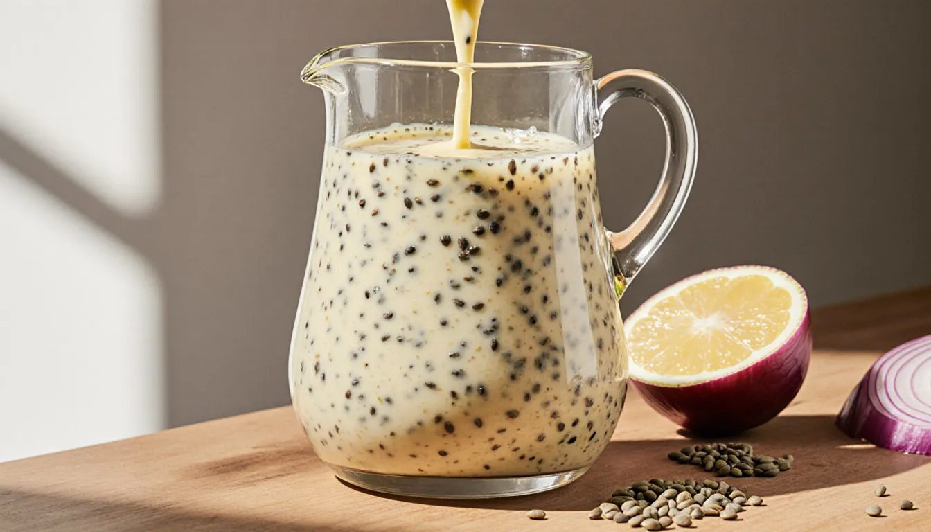 Pale celery seed dressing with visible seeds pouring from a glass pitcher beside lemon and onion