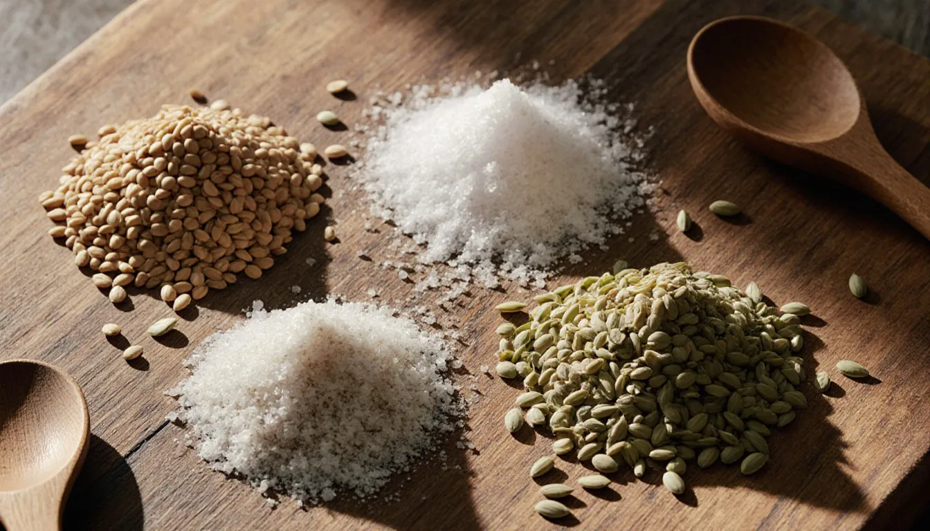 Small mounds of celery seeds, celery salt, caraway, and dill seed arranged on a wooden board as substitutes