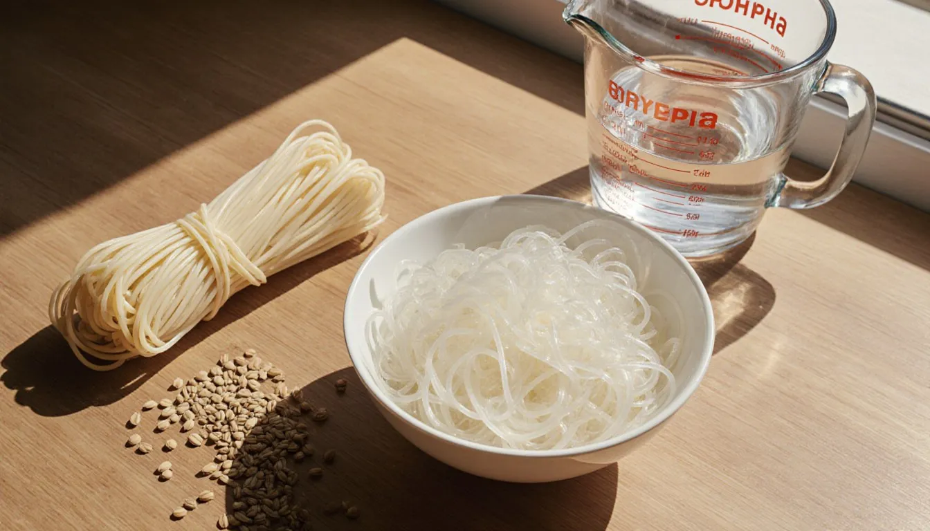 A bowl of translucent cooked cellophane noodles beside a dry noodle bundle and a cup of water