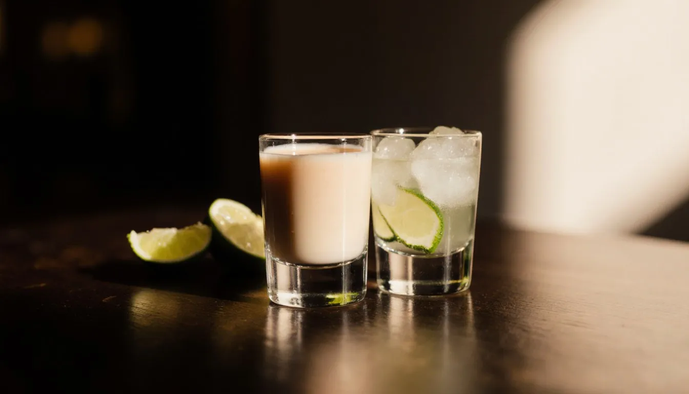 Two shot glasses on a bar table, one with Baileys Irish Cream and one with lime juice, for a cement mixer shot