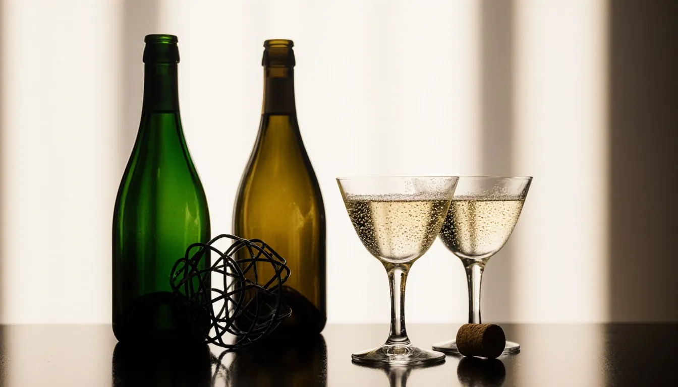 Elegant still life of champagne bottles and filled coupe glasses with rising bubbles