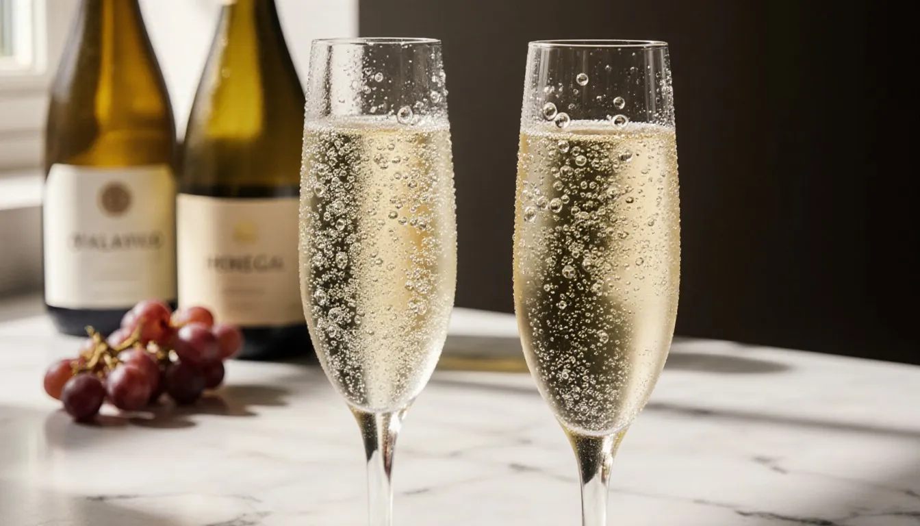 A flute of golden Champagne beside a paler glass of Prosecco on a marble counter