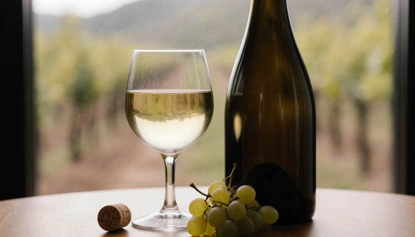A glass of golden chardonnay wine beside an unlabeled bottle and grapes on a wooden table