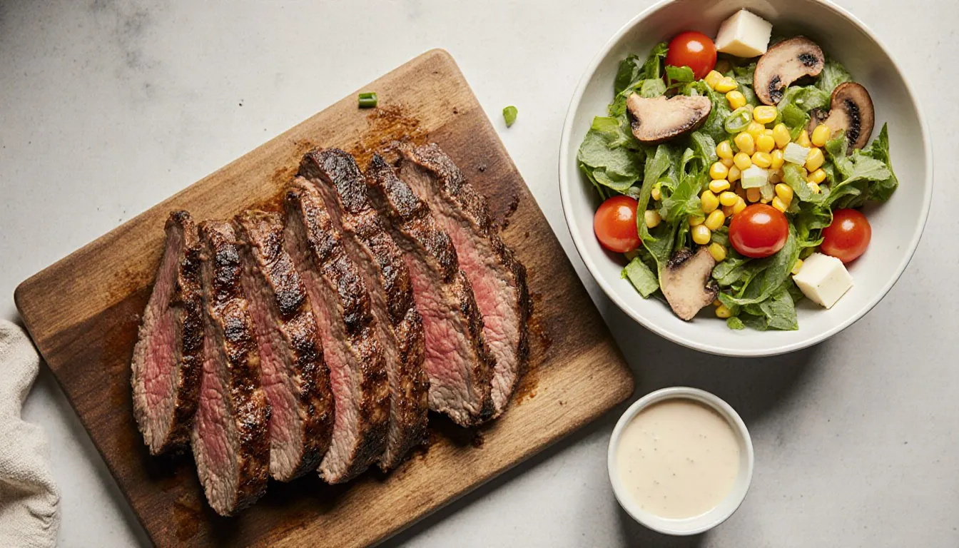 Sliced grilled sirloin steak beside a corn, tomato, and cheese salad, a quick and budget-friendly meal