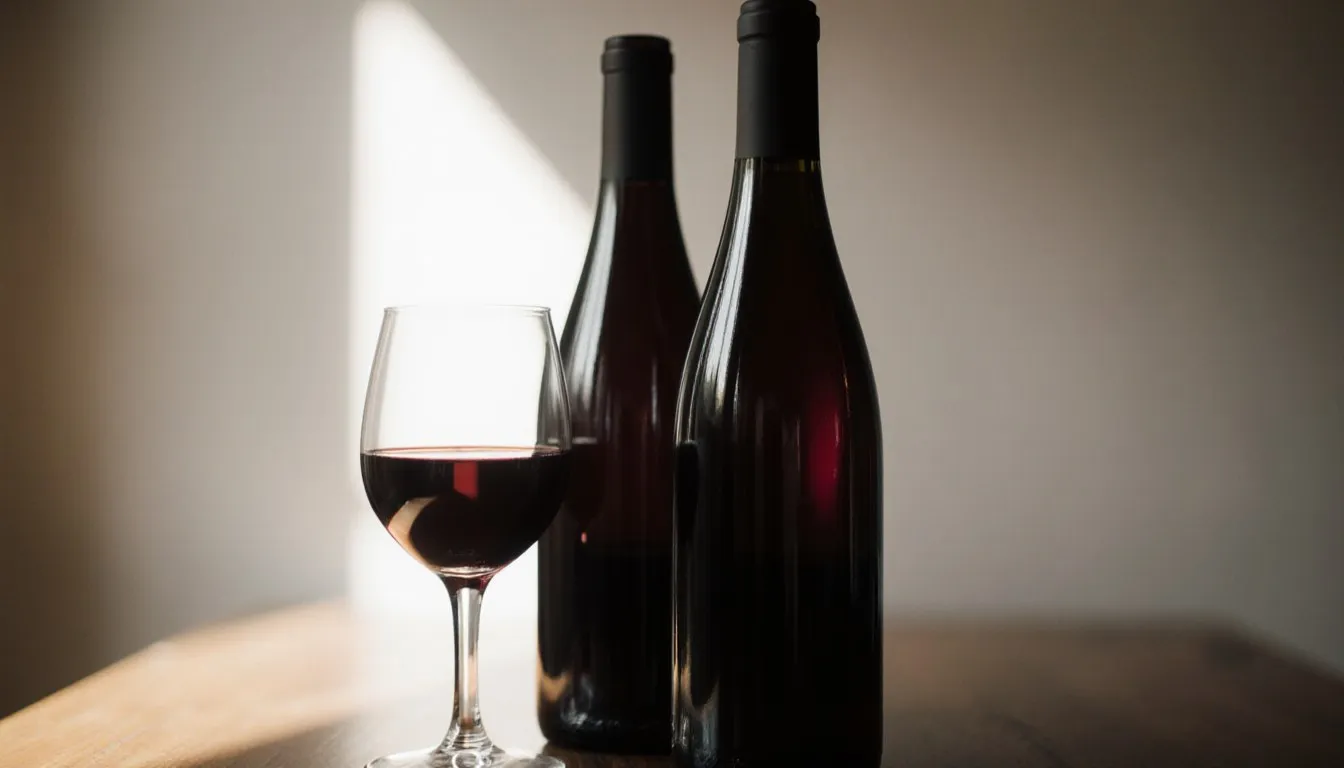 A few red wine bottles beside a poured glass of red wine on a wooden table