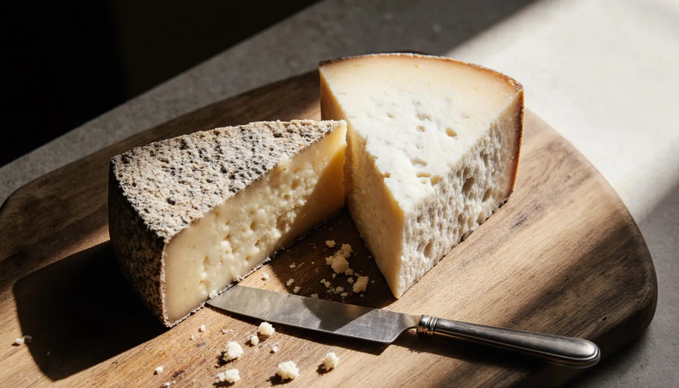 Two cheese wedges side by side on a wooden board, their rinds and interior textures clearly contrasting