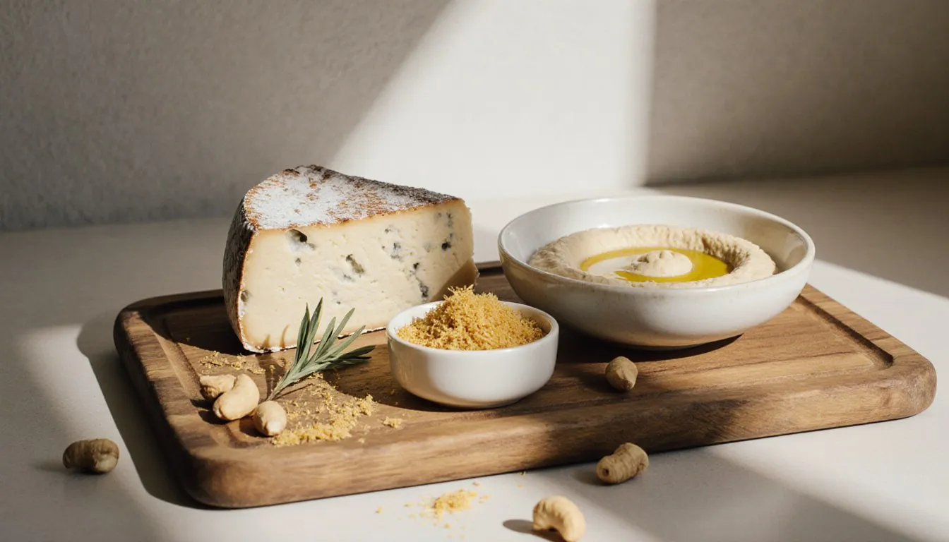 A wooden board with cashew cheese, nutritional yeast, and hummus as dairy-free cheese alternatives