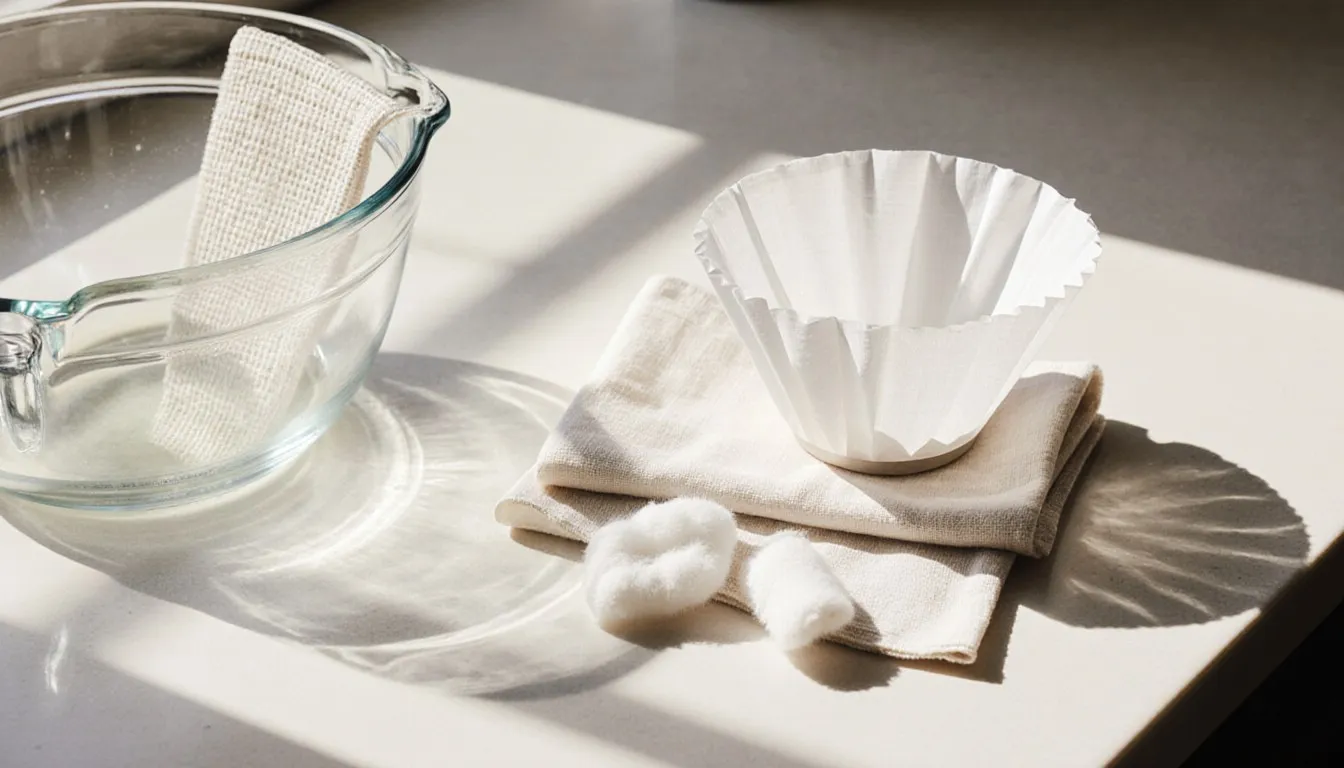 Muslin cloth, a coffee filter, and cotton scraps arranged as cheesecloth substitutes beside a mixing bowl