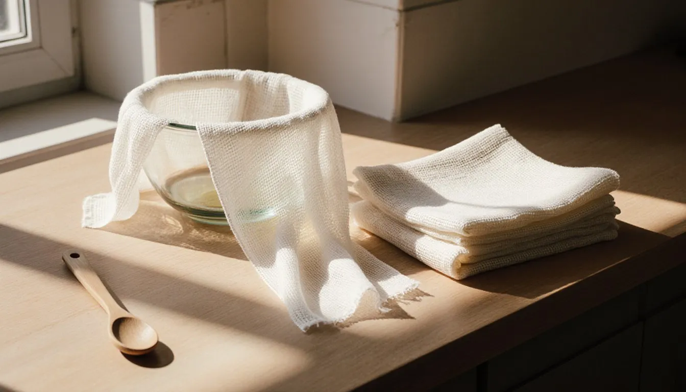 Loosely woven cheesecloth draped over a glass bowl on a kitchen counter, with a folded stack beside it