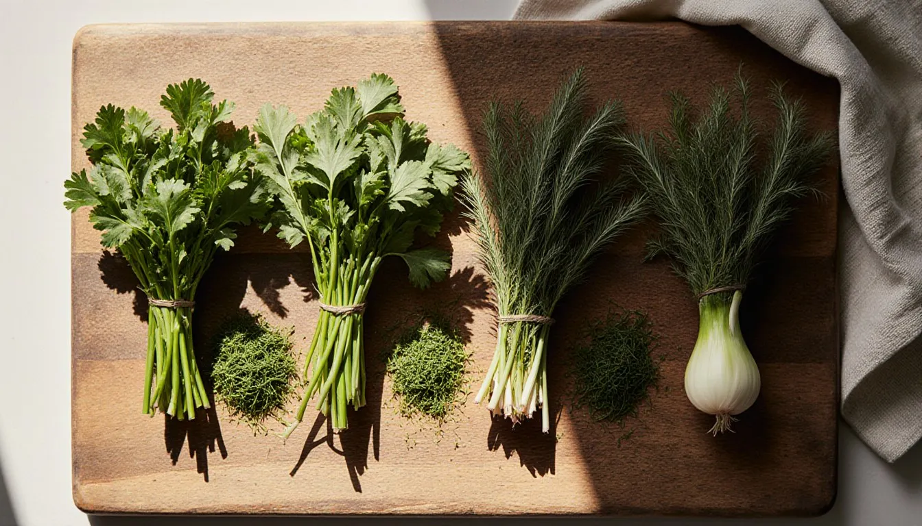 Fresh parsley, tarragon, dill, and fennel fronds arranged as chervil substitutes on a wooden board
