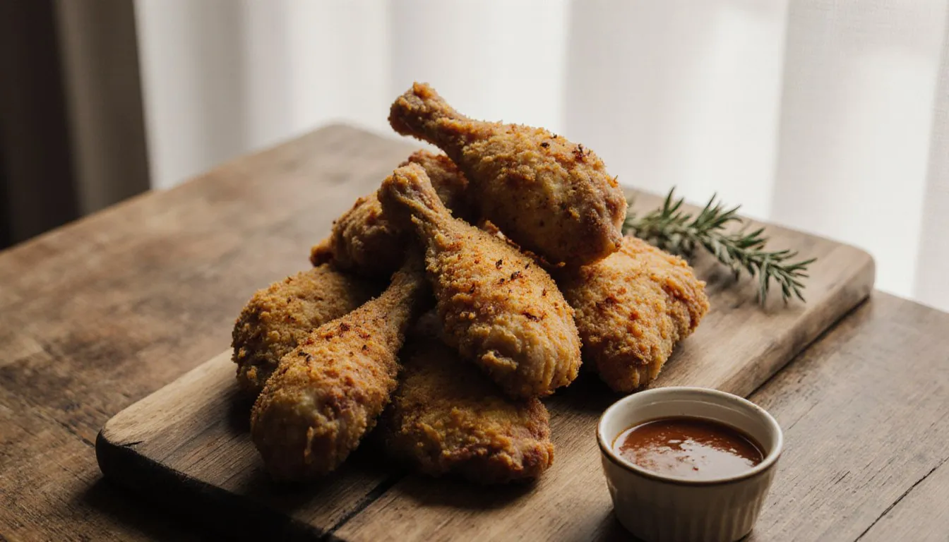 Golden fried chicken pieces stacked on a wooden board in warm kitchen light