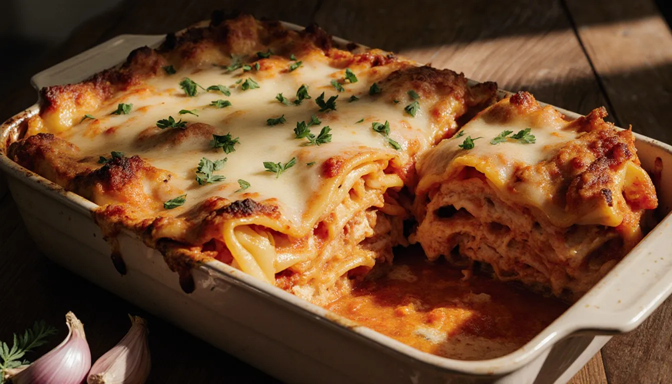 A baked chicken lasagna cut to show its layers of pasta, chicken, and tomato sauce, topped with parsley