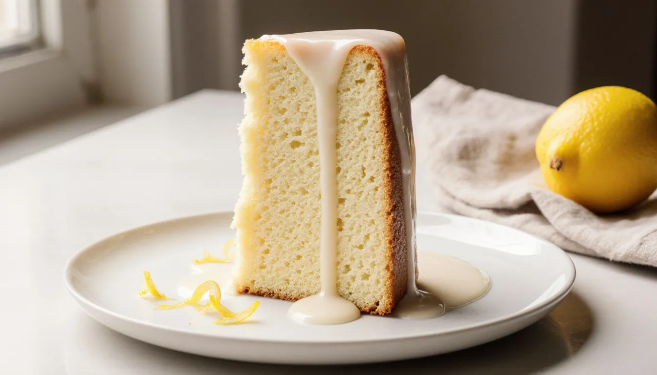 A slice of lemon chiffon cake with airy crumb and glossy lemon glaze dripping down the sides