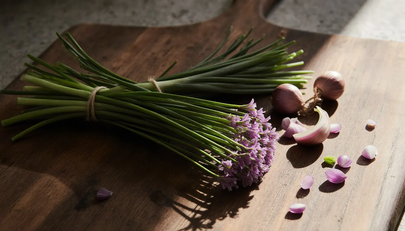 Fresh chives bundled on a wooden board next to scallions and shallots, common substitutes for chives
