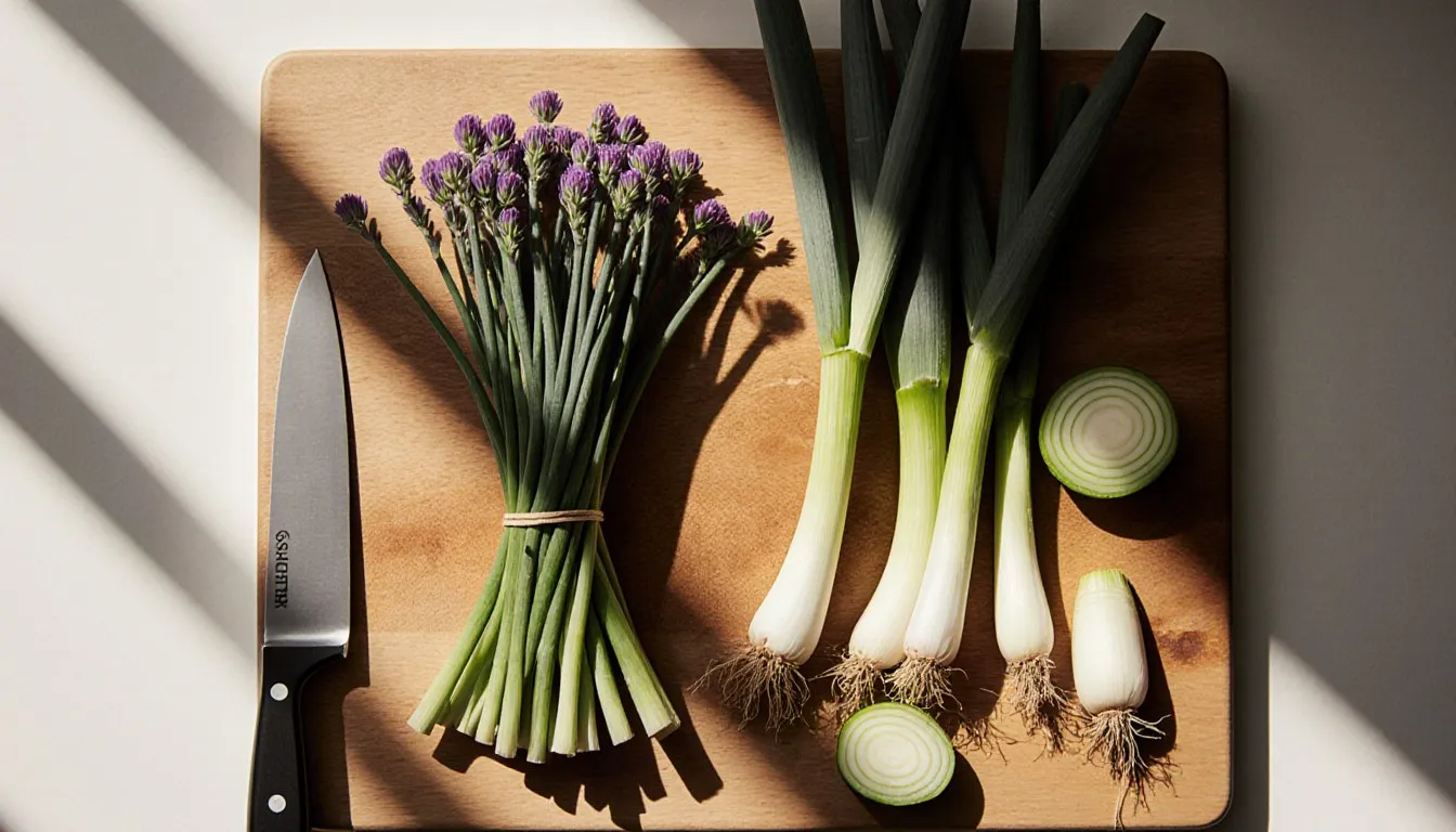 Fresh chive stalks and whole green onions arranged side by side on a wooden cutting board