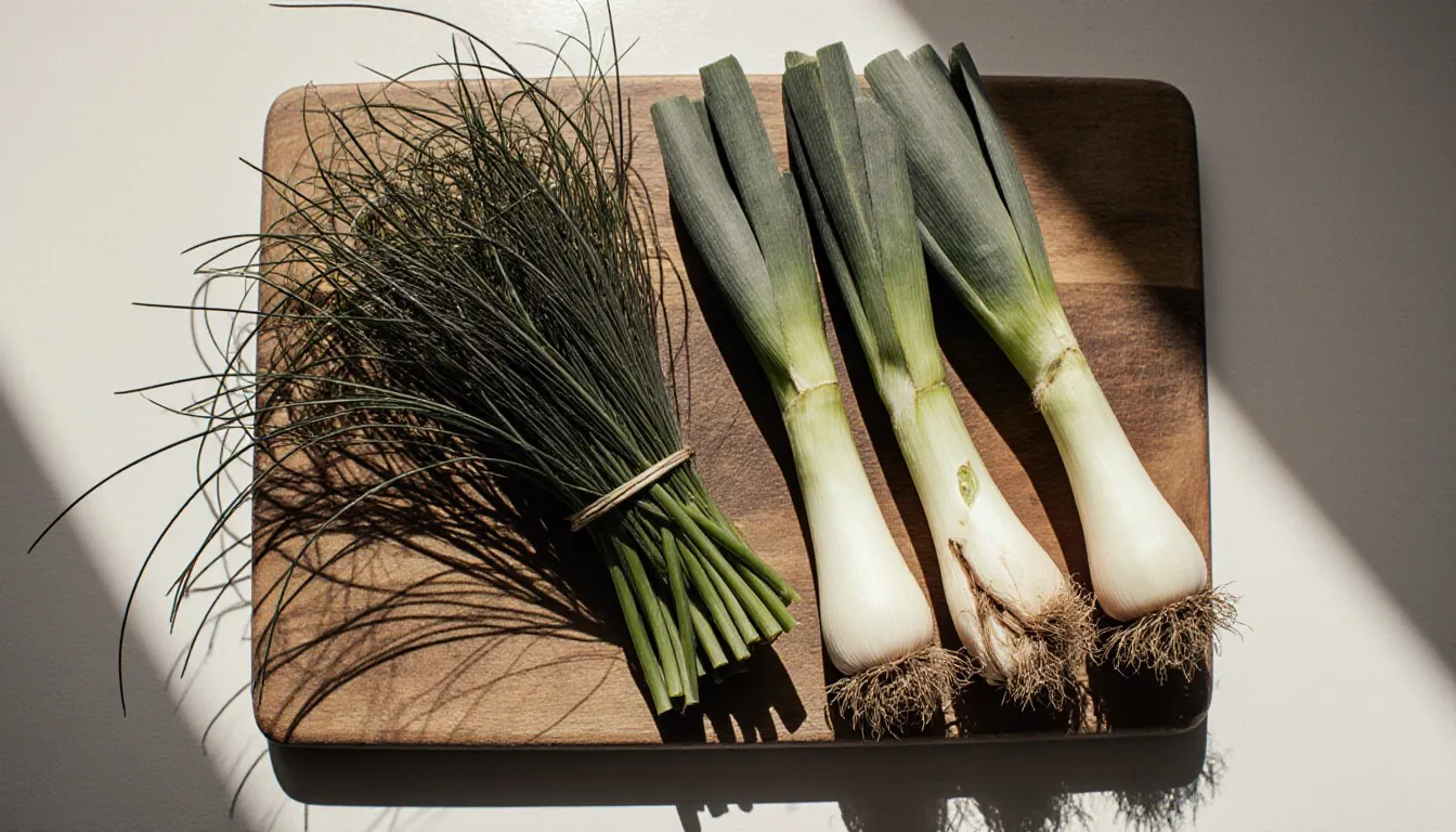 Fresh chives and whole scallions arranged side by side on a wooden board for comparison