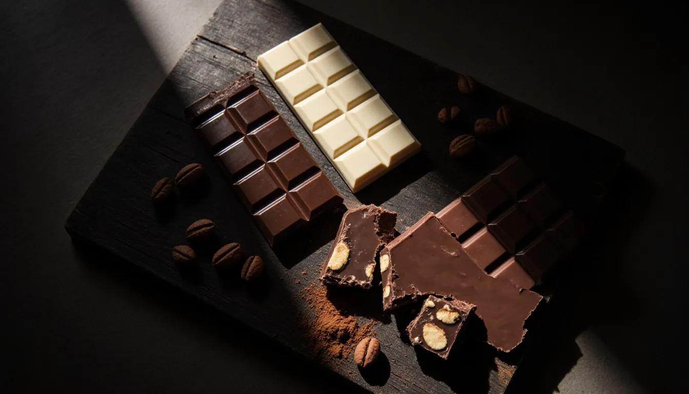 Assorted broken chocolate bars arranged on a wooden board, showing dark and milk chocolate varieties