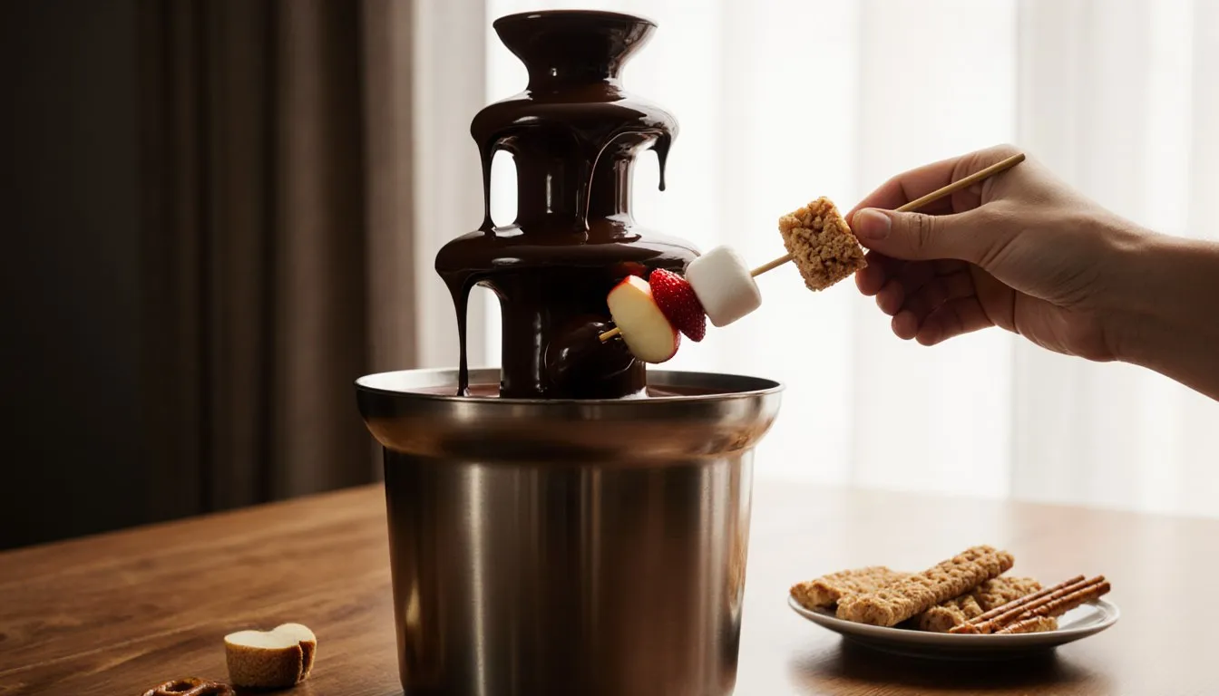 A skewer of strawberries, apple slices, marshmallow, and biscotti dipped into a flowing chocolate fountain
