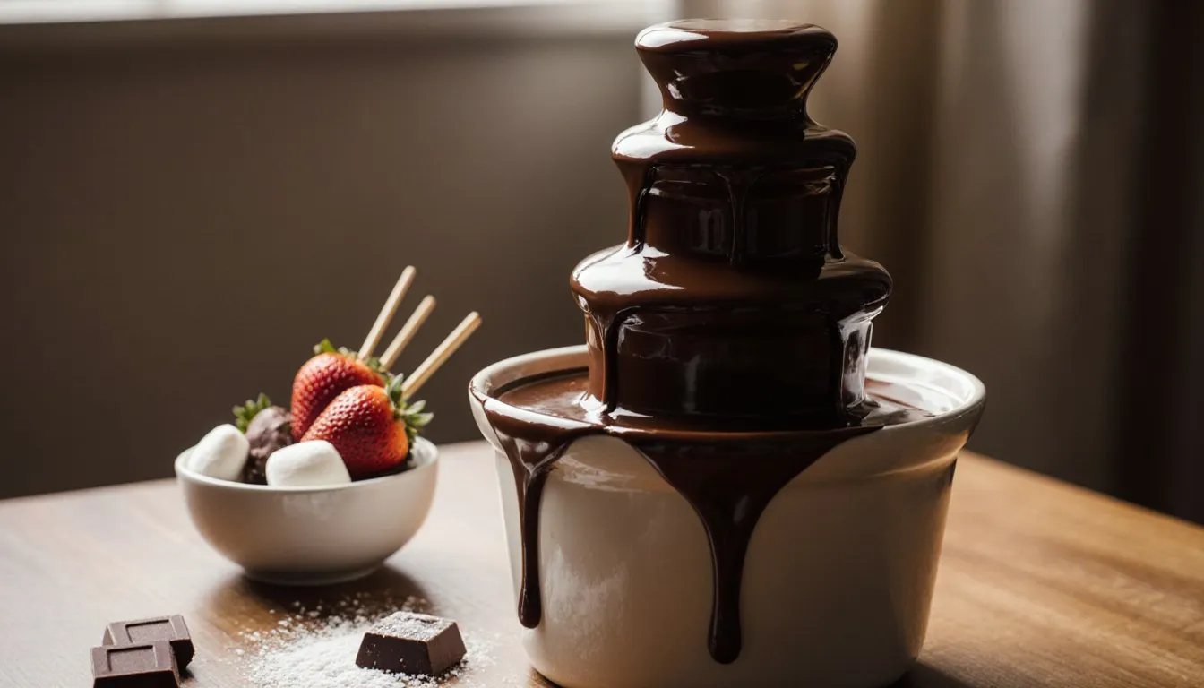 Dark chocolate flowing down a tabletop fountain beside strawberries and marshmallows for dipping