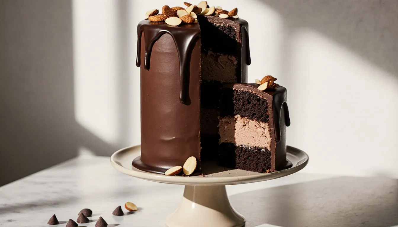 A sliced chocolate ice cream cake showing layers of cake and ice cream, topped with toasted almonds