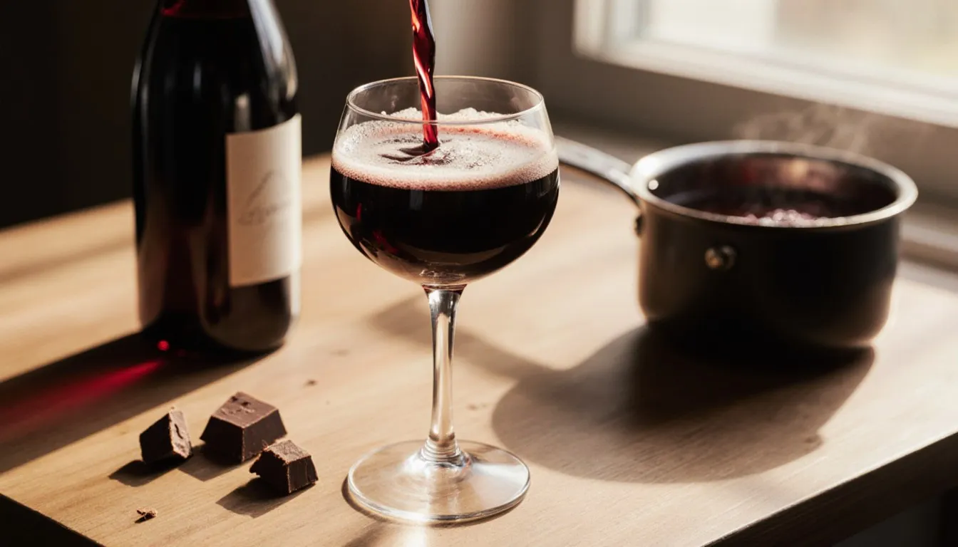 A glass of glossy chocolate wine beside melted dark chocolate and red wine on a kitchen counter