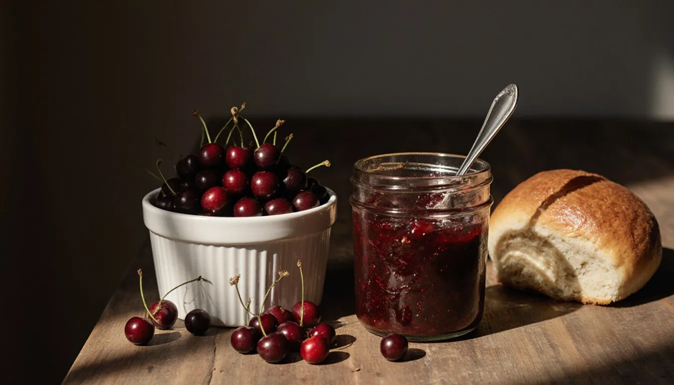 Fresh chokecherries, a jar of chokecherry jam, and a baked crown roll arranged on a wooden table