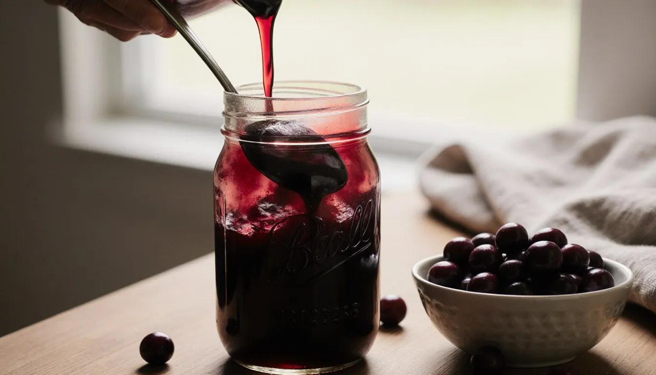 A jar of deep red chokecherry syrup being poured beside a bowl of fresh chokecherries