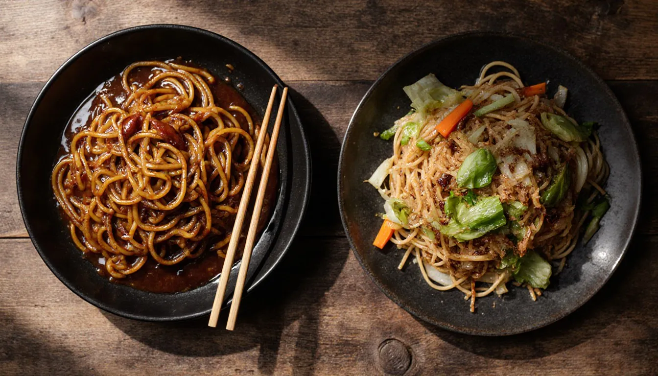 Side-by-side bowls of glossy sauced lo mein noodles and stir-fried chow mein with vegetables