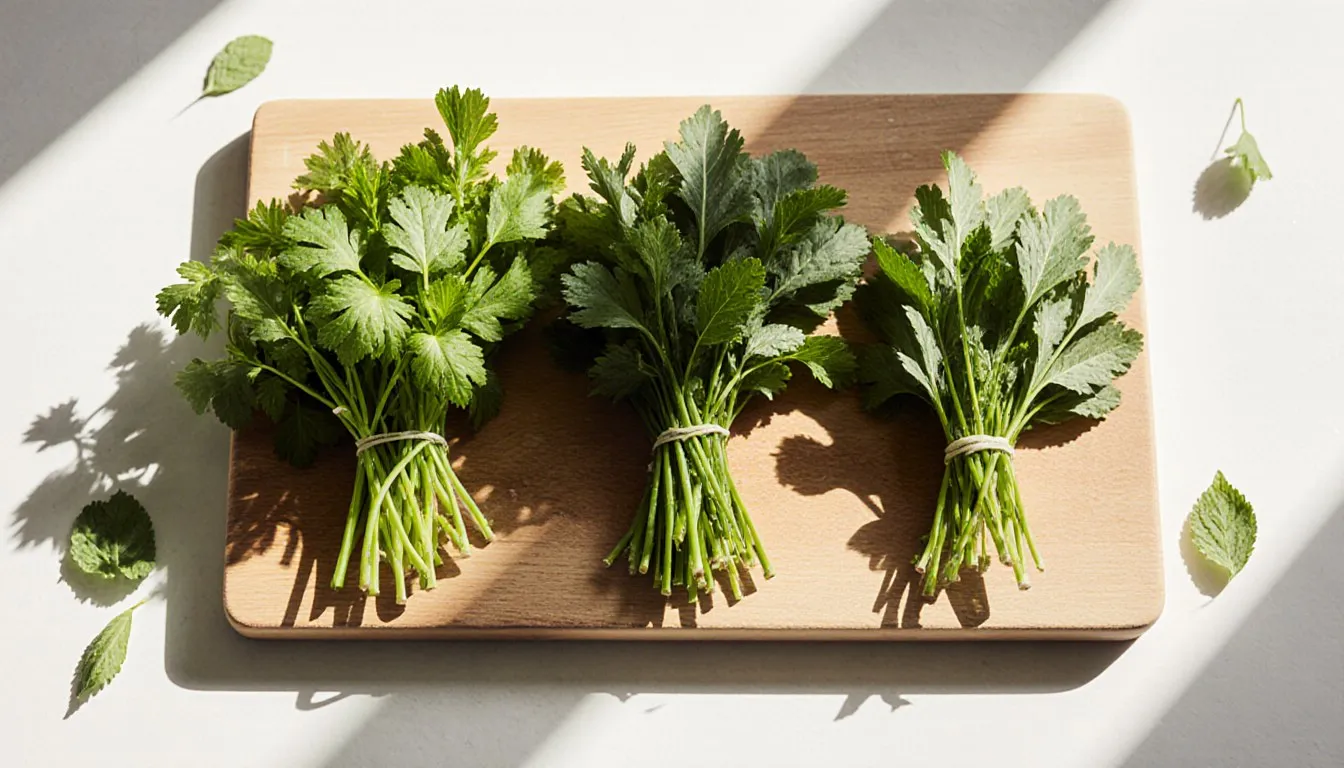 Fresh cilantro beside parsley and mint, common substitutes, arranged on a wooden cutting board