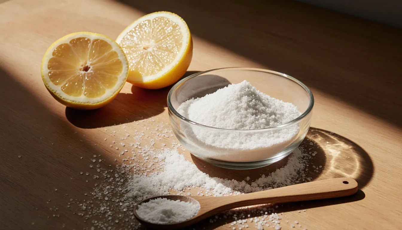 A bowl of fine citric acid powder with a wooden spoon and fresh lemon halves on a kitchen counter