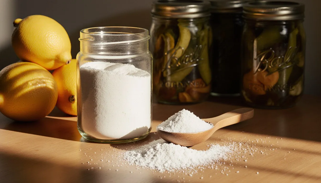 A jar and spoonful of citric acid powder beside lemons and glass canning jars on a kitchen counter