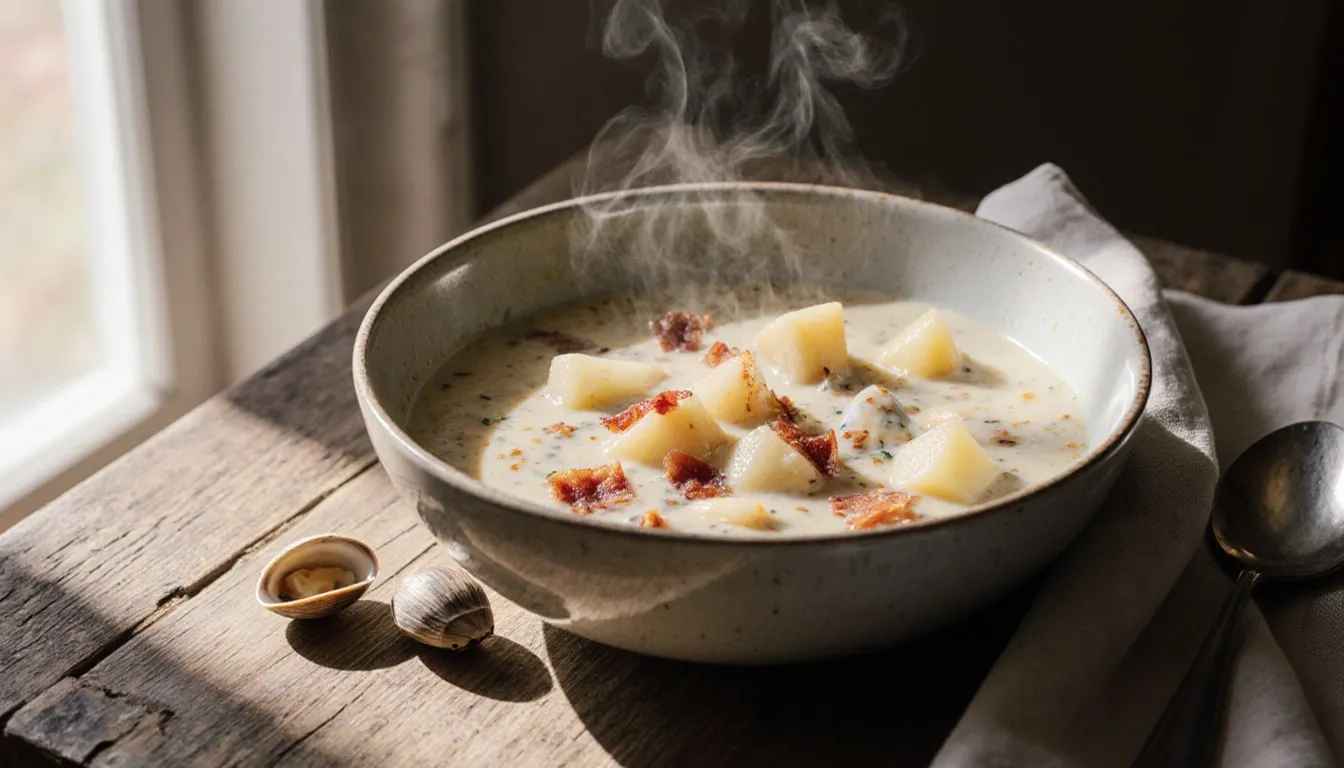 A steaming bowl of creamy clam chowder with clams, potatoes, and bacon, served beside whole clam shells.