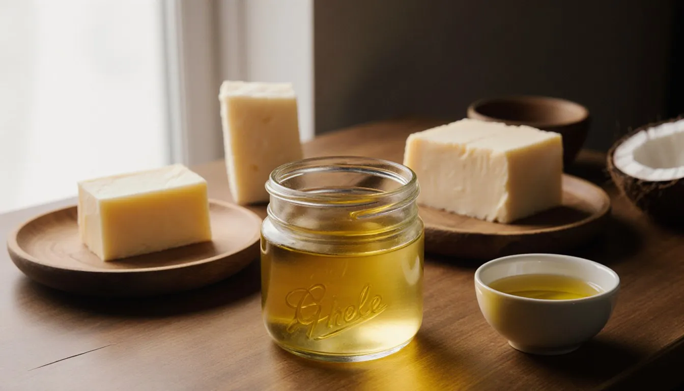 A jar of clarified butter beside ghee and olive oil, ingredients used as substitutes for one another in cooking