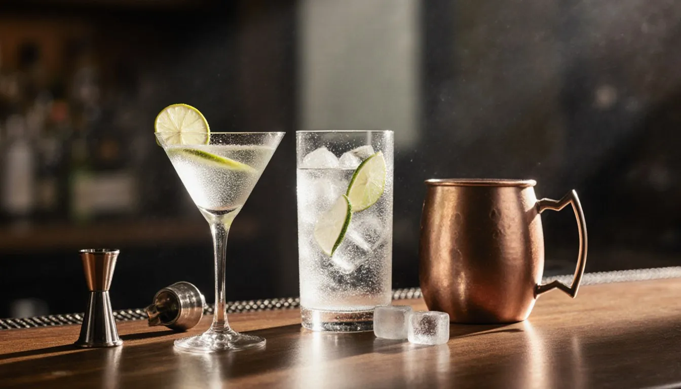A martini, a highball, and a copper mug cocktail arranged on a wooden bar top