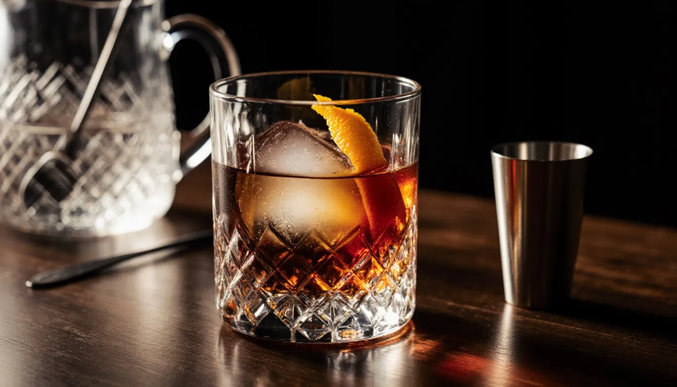 An Old Fashioned in a crystal rocks glass with a large ice cube and orange twist, beside a mixing pitcher and jigger