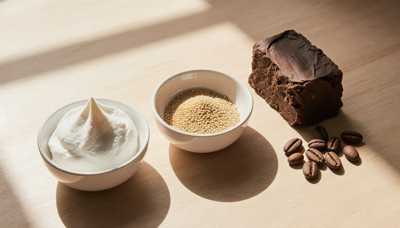 Coconut oil, soy lecithin granules, and raw cacao paste arranged as cocoa butter substitute options