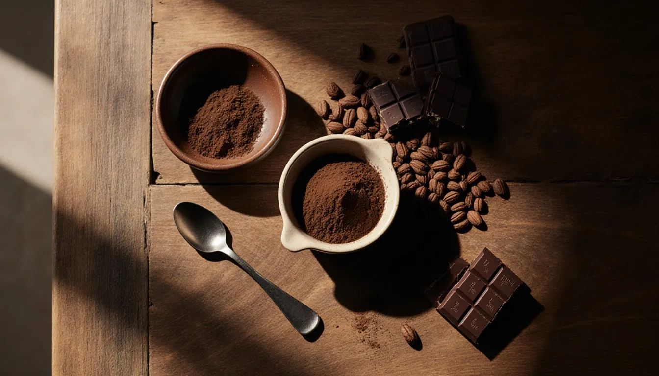 Bowl of cocoa powder next to baking chocolate, cocoa nibs, and a dark chocolate bar on a wooden counter