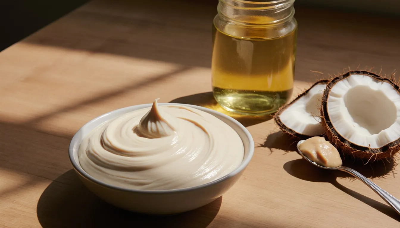 A bowl of creamy coconut butter beside coconut oil and cashew butter as substitute options